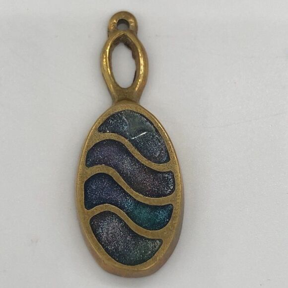Hand Crafted Jewelry - Vintage Handcrafted Bronze Pendant Painted Unique Heavy Blue Waves